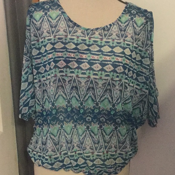 Dots Teal Green Cold Shoulder Semi Sheer Top - Picture 2 of 7